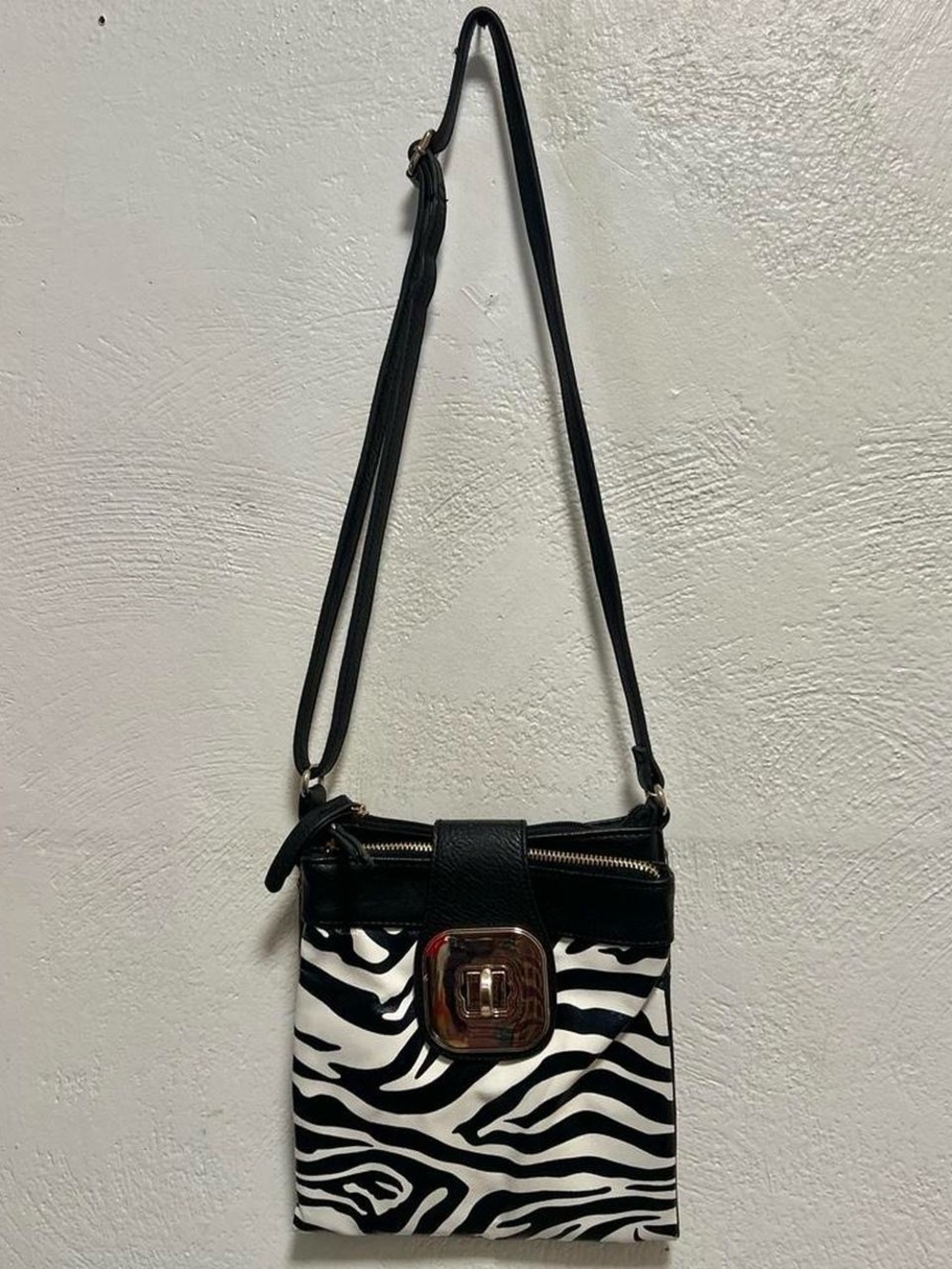 Black & White Zebra Crossbody Bag with Turn-Lock Accent